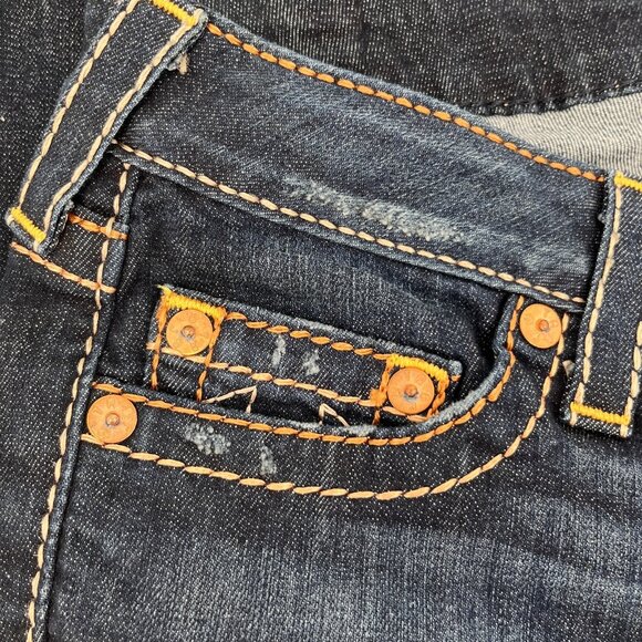 True Religion Straight Satin Big T Jeans Size 28 Dark Wash USA Made Low Rise - Picture 8 of 16